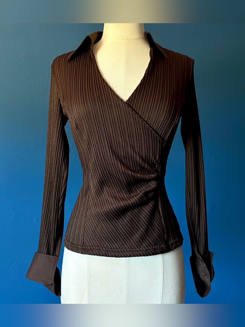 Nara Camicie Brown Stretch Retro Blouse Size S L/S Point Collar Designer Elegant